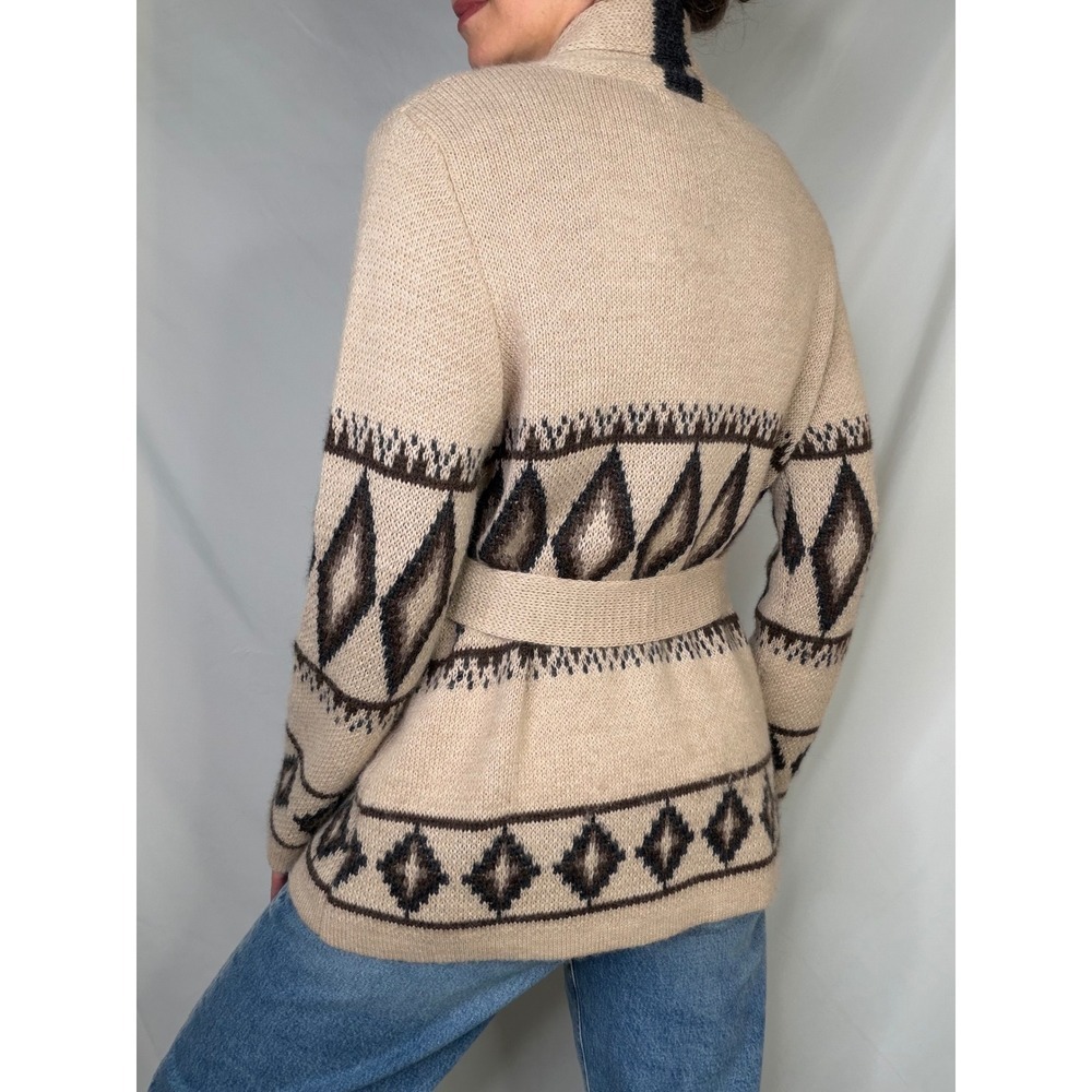 Overland Sylvia Cardigan Sweater Tan Alpaca Belted Tribal Shawl Collar Wool M - Picture 10 of 11
